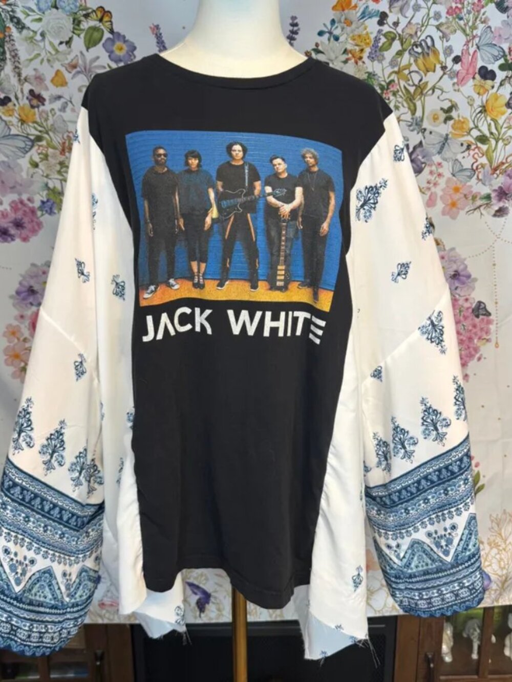 Jack White Upcycled Graphic T-Shirt with Flowy Blue & White Print Sleeves - OSFM
